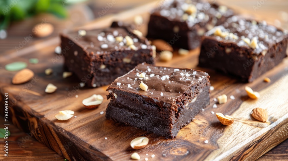 Raw vegan chocolate brownie with nuts on rustic wooden plate. Healthy sweed food concept Raw vegan chocolate brownie with nuts on rustic wooden plate. Healthy sweed food concept