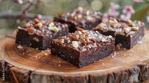 Raw vegan chocolate brownie with nuts on rustic wooden plate. Healthy sweed food concept