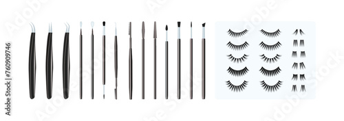 Eyelashes extension tools set vector illustration. Lashes collection different forms, volume, size for cosmetic procedures laminating, extension, staining and curling. Makeup accessoires isolated