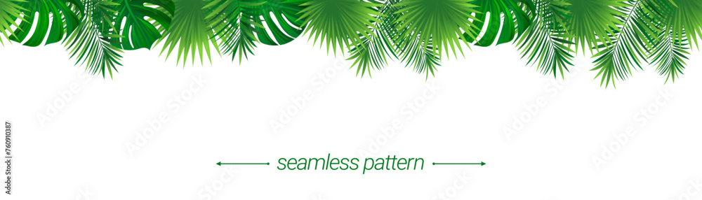 Amazon rainforest tropical leaves seamless pattern. Summer background vector illustration. Tropic foliage template border frame. Jungle plant repeat banner. Green backdrop with lush coconut palm leaf - obrazy, fototapety, plakaty 