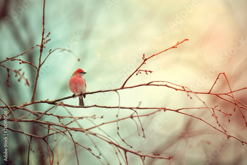 Songbird perched on tree branch, serenading the arrival of spring photo