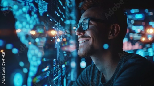 portrait of a man with glasses reflection of computer graphics
