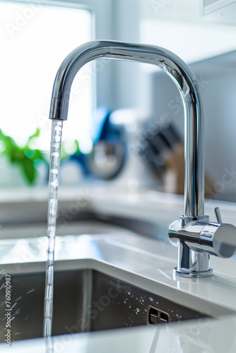 Water pours from a modern tap, faucet in the kitchen against a window in the background