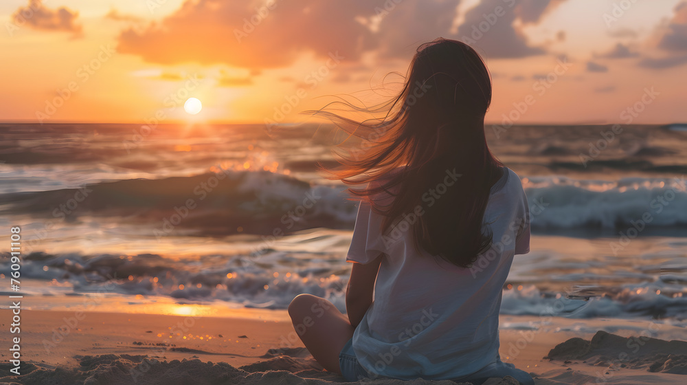 A young woman sitting on a beach at sunset, looking out at the ocean, with details of her hair blowing in the wind, her clothes, and the waves crashing on the shore. A young woman sitting on a beach at sunset, looking out at the ocean, with details of her hair blowing in the wind, her clothes, and the waves crashing on the shore.