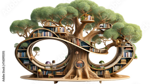 A magical tree with bookshelves growing inside, blending nature with knowledge