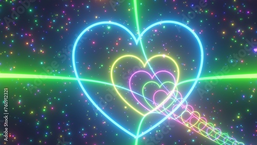 Foto Rainbow Neon Glowing Bright Heart Lights Tunnel With Sparkling Stars - Abstract