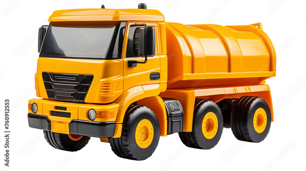 Bright yellow toy truck on a stark white background