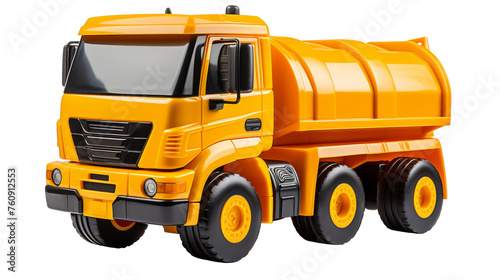 Bright yellow toy truck on a stark white background