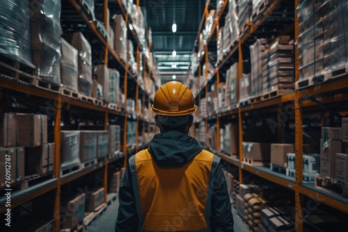 man worker warehouses shop racks goods