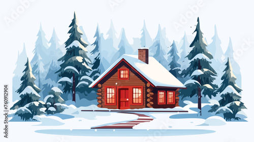 Cozy winter cabin in a snowy forest. flat vector is © visual