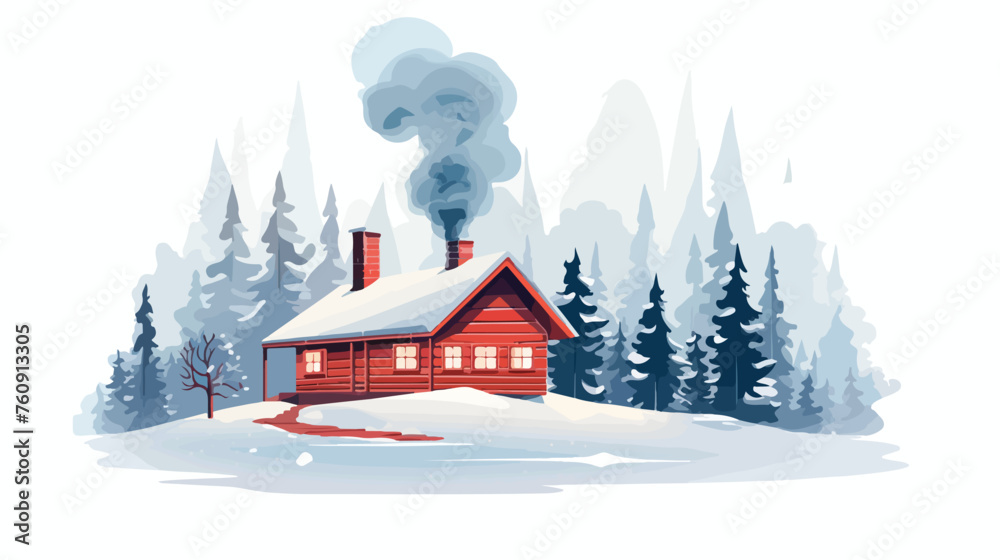 Cozy winter cabin with smoke coming from the chimne