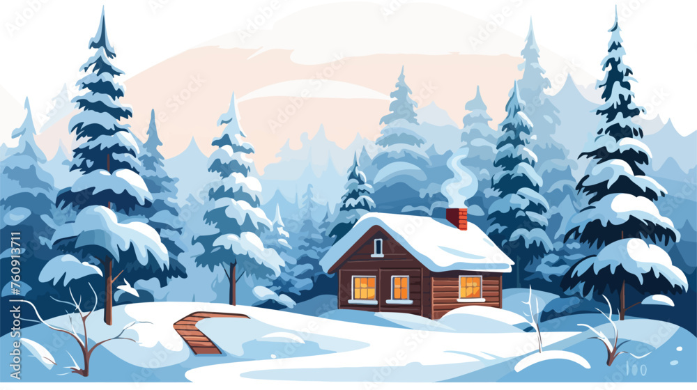 Cozy winter scene with a snow-covered cabin and pin