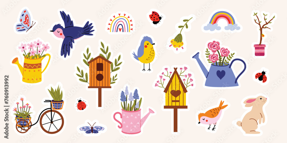 Cute spring stickers. Vector illustration with flowers, birds, birdhouses, birdhouses, watering cans with flowers, ladybug, rainbow. Collection of spring elements for scrapbooking. Hand drawn style. 