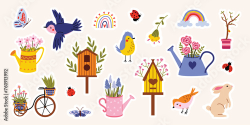 Cute spring stickers. Vector illustration with flowers, birds, birdhouses, birdhouses, watering cans with flowers, ladybug, rainbow. Collection of spring elements for scrapbooking. Hand drawn style. 