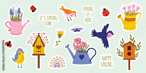 Spring sticker set. Vector cute illustration. Flowers, birds, birdhouses, watering cans with flowers. Collection of spring elements for scrapbooking. Hand drawn style. Banner, poster, sticker. © Hanna Perelygina