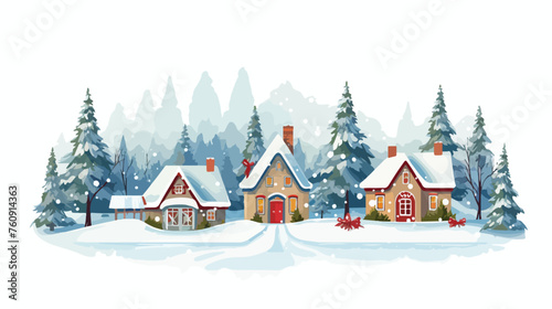 Cozy winter village scene with snow-covered cottage