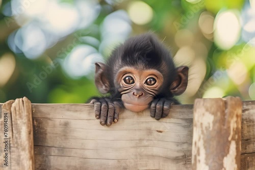 A curious baby monkey peeking over a wooden fence with big, expressive eyes, set against a blurred green background.