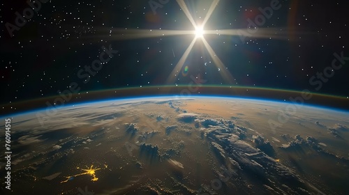 the sun shining over the earth from space