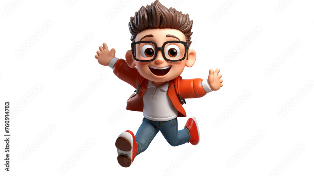 A young cartoon boy wearing glasses and a red jacket stands confidently with a curious expression