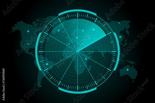 Radar in searching. Air and sea search. Radar display. Military search system concept. Vector illustration.