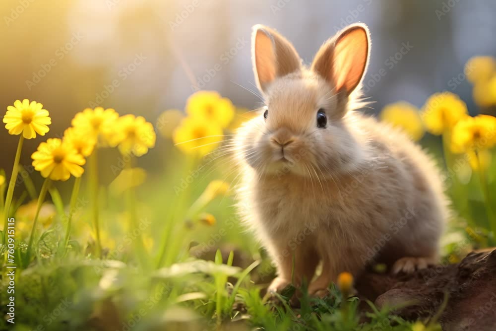 A fluffy bunny in a sunlit field surrounded by yellow flowers, creating a warm, serene, and vibrant spring scene. A fluffy bunny in a sunlit field surrounded by yellow flowers, creating a warm, serene, and vibrant spring scene.