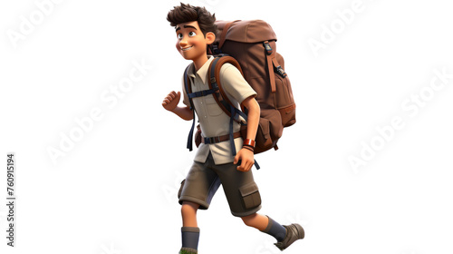 A boy with a backpack is energetically running through a vibrant landscape