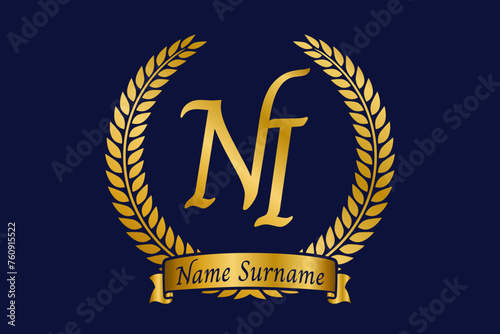 Initial letter N and I, NI monogram logo design with laurel wreath. Luxury golden calligraphy font.