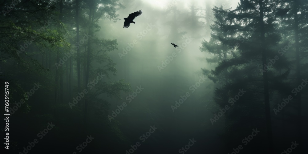 Fototapeta premium Bird Flying Through Foggy Forest