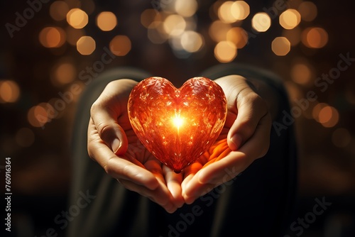 Female hands holding red heart on bokeh background  closeup