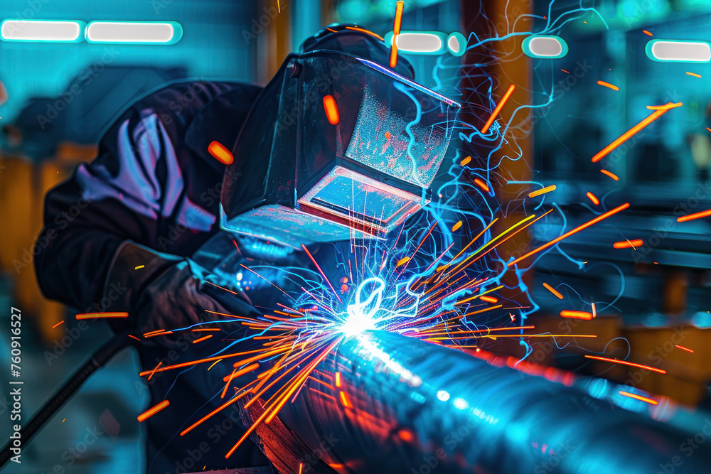 Fototapeta premium Skilled worker safely welding steel pipe in an advanced industrial factory, showcasing precision and expertise in engineering and manufacturing processes
