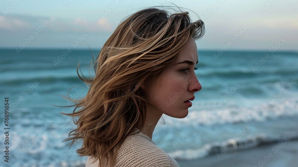 Side view of a woman with beachy waves, Side view of a woman with beachy waves,