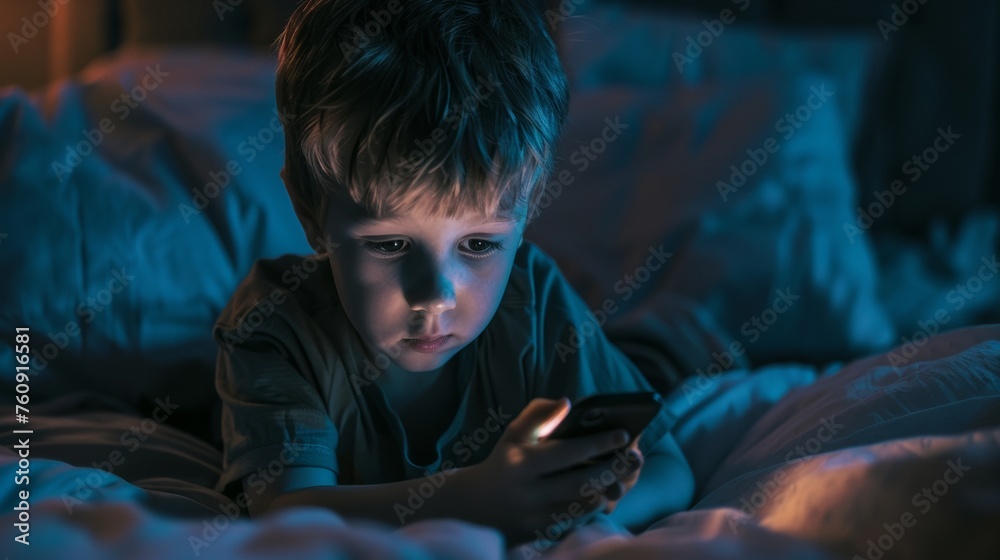 Fototapeta premium child looking at a smartphone in the evening
