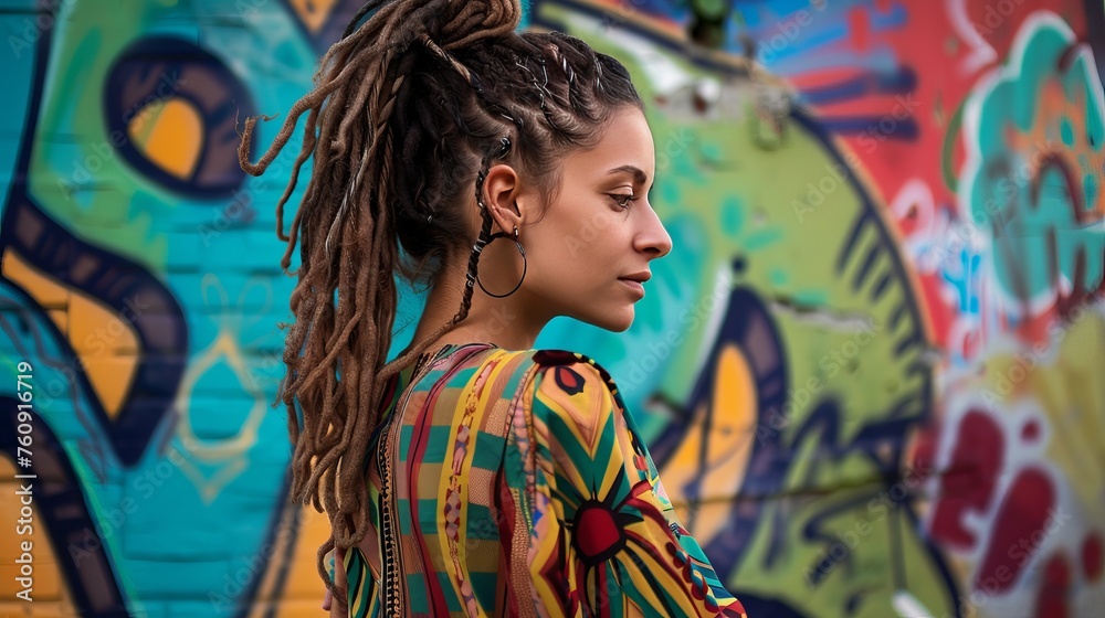 Woman with dreadlocks styled into intricate patterns, against a colorful graffiti wal Woman with dreadlocks styled into intricate patterns, against a colorful graffiti wal