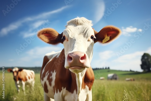 Cows baby grazing on green meadow in sunny day  closeup