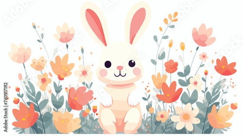 Cute bunny hopping through a flower garden illustra