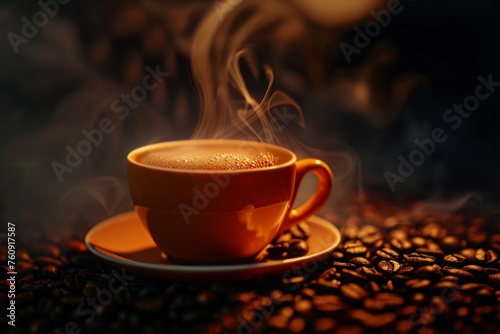 A steaming cup of coffee resting on a saucer, exuding a rich aroma and inviting warmth.