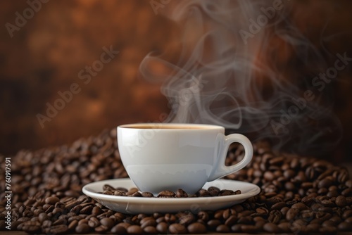 A steaming cup of coffee perched atop a mountain of coffee beans, highlighting the rich aroma and warmth of the brew.