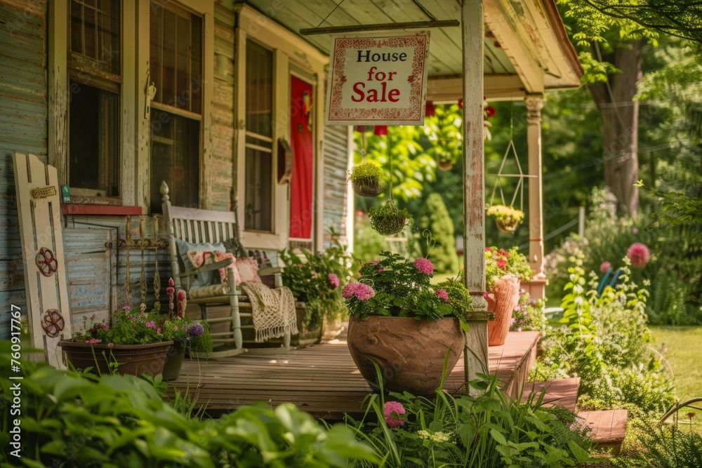 A quaint house with a charming For Sale sign on the front porch, waiting for the perfect buyer to make it a home.