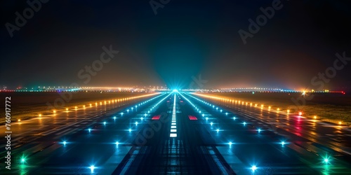 Illuminate Your Way: Advanced Lighting System Safely Guides Planes on Runways and Taxi Lanes. Concept Airport Lighting, Runway Safety, Aviation Technology, Illuminated Guidance
