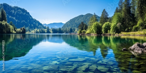 Majestic Lake Surrounded by Mountains and Trees