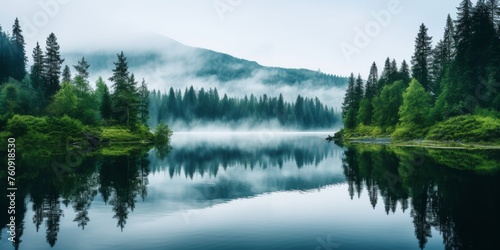 Misty Lake Surrounded by Trees © we360designs