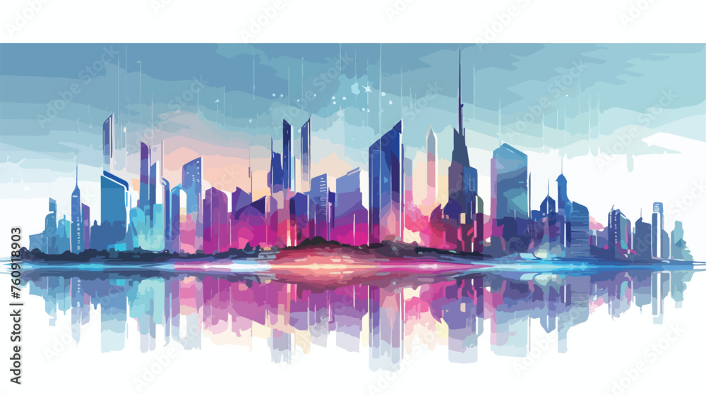 Cybernetic cityscape with towering skyscrapers and