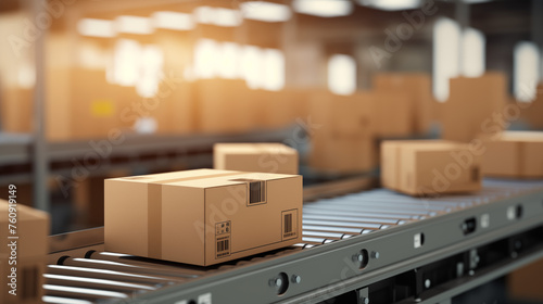 Cardboard Boxes on Conveyor Belt in Warehouse
