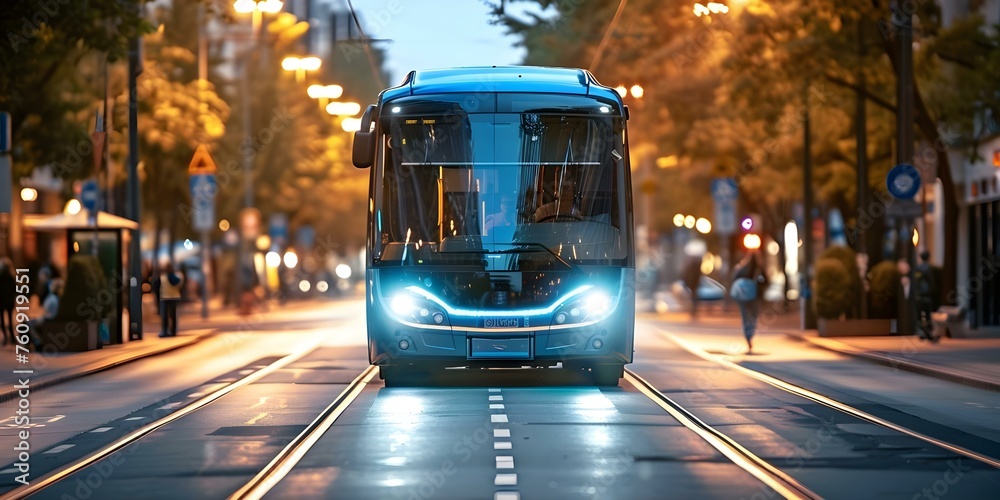 Driverless bus provides safe and efficient transportation for passengers. Concept Driverless Technology, Public Transportation, Safe Travel, Efficiency, Passenger Experience - obrazy, fototapety, plakaty 