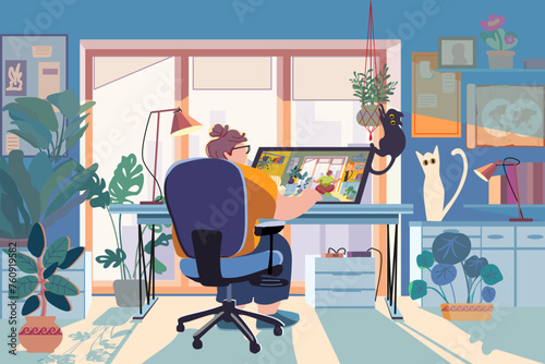 Fat woman working on a laptop while sitting at the table in a cozy interior. Adult or young programmer guy employee or student, wearing casual plus size wear. Vector flat style cartoon illustration