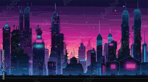 Cyberpunk cityscape with towering skyscrapers and n