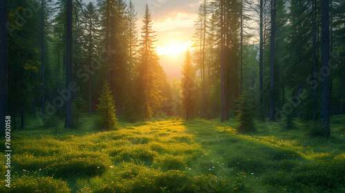 A serene forest clearing, with sunlight filtering through the trees and wildflowers carpeting the forest floor