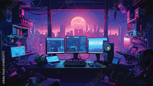 Cyberpunk hackers den with high-tech gadgets and vi