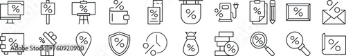 Set of line icons of percent. Editable stroke. Simple outline sign for web sites, newspapers, articles book
