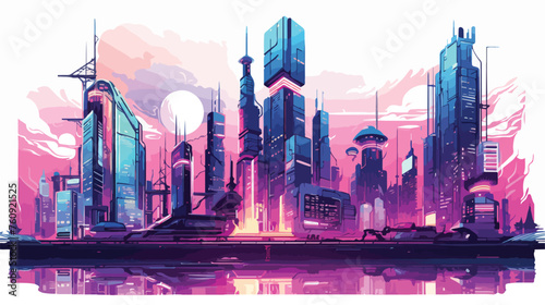 Cyberpunk metropolis with towering skyscrapers and